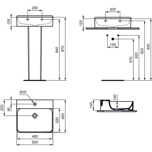 Ideal Standard - Waschtisch CONCA, 1 Hl., o.Ül., 500x450x145mm, Weiß mit IdealPlus