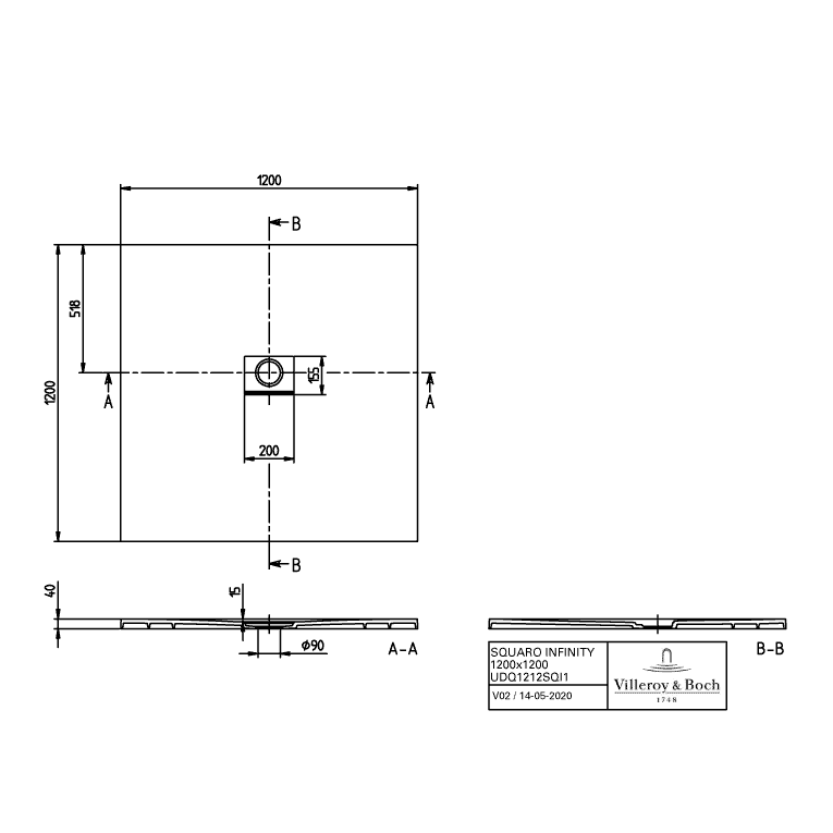 VILLEROY & BOCH - Duschwanne Squaro Infinity 1200x1200x40mm quadr. Stone White