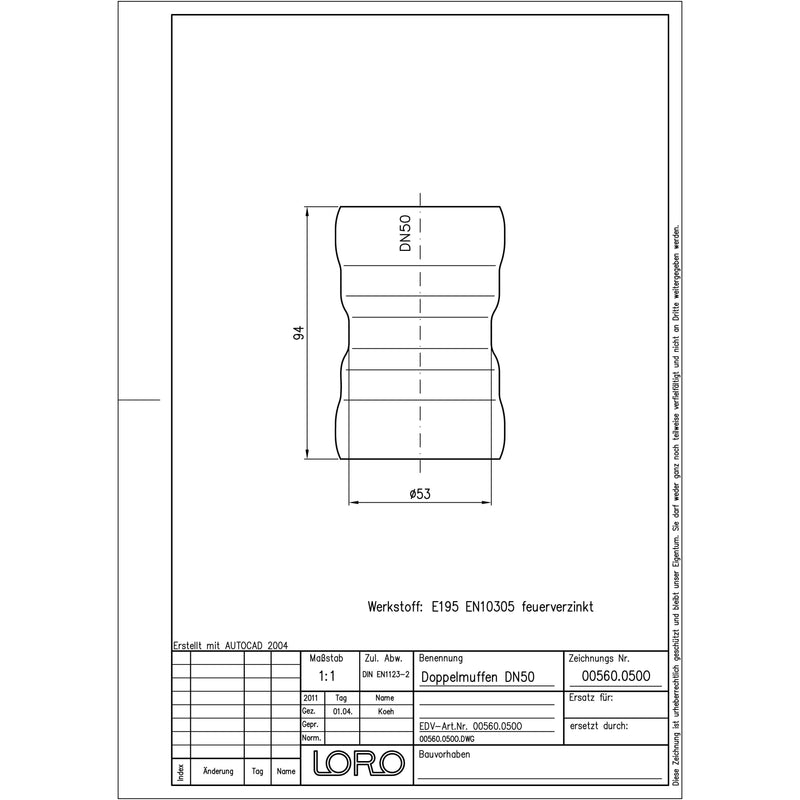 Lorowerk - LORO-X-Doppelmuffe 00560.050O DN 50