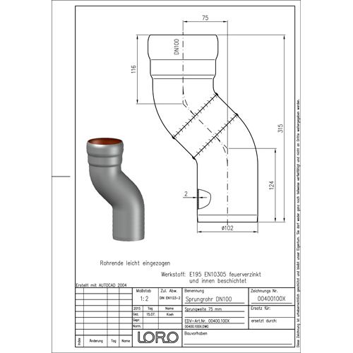 Lorowerk - Etagenbogen 00400. DN 100 Sprung 75mm