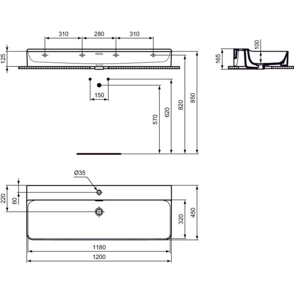 Ideal Standard - Waschtisch CONCA, 1 Hl., m.Ül., 1200x450x165mm, Weiß