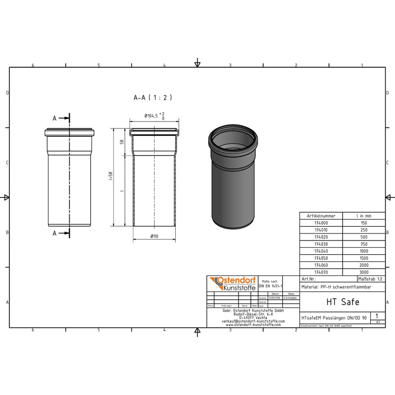 Gebr. Ostendorf - HTsafeEM Rohr DN 90 x 150 mm