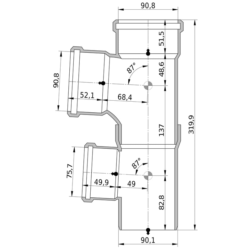 Wavin - Duschdoppelabzweig AS+ DN 90x90x70 87 Grad