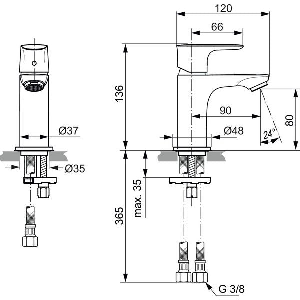 Ideal Standard - WT-Arm. CONNECT AIR, Piccolo,5l/min., o.Ablgarn., Ausld.90mm, Blizzard silver