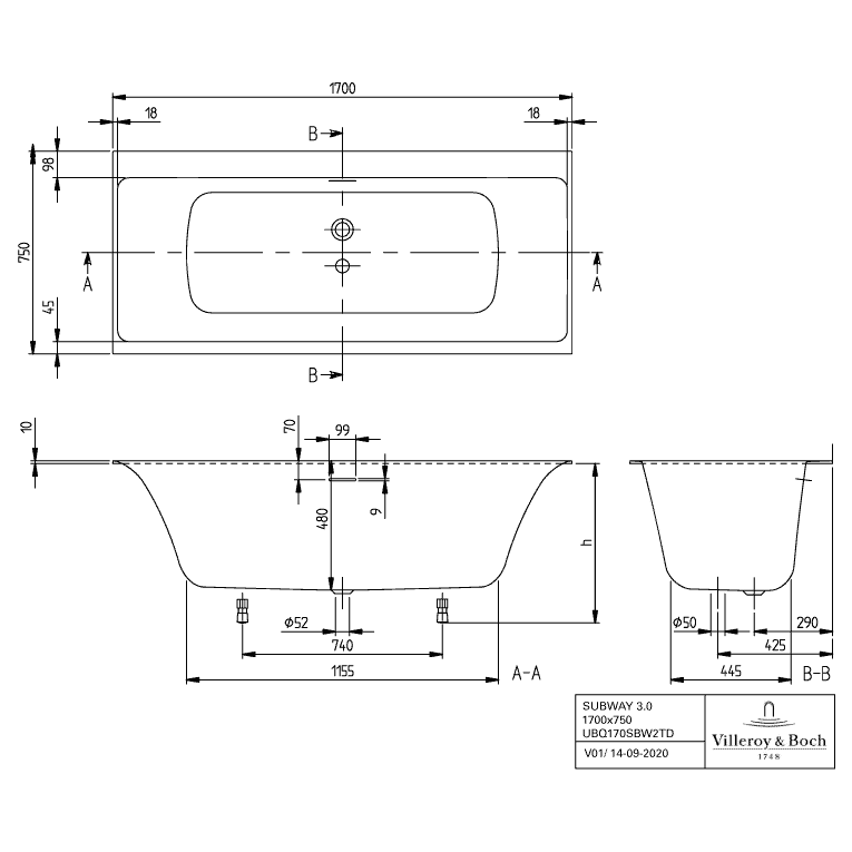 VILLEROY & BOCH - Badewanne Subway 3.0 1700x750x625mm re-eckig m. Sys AE TP2 Zul. Stone White