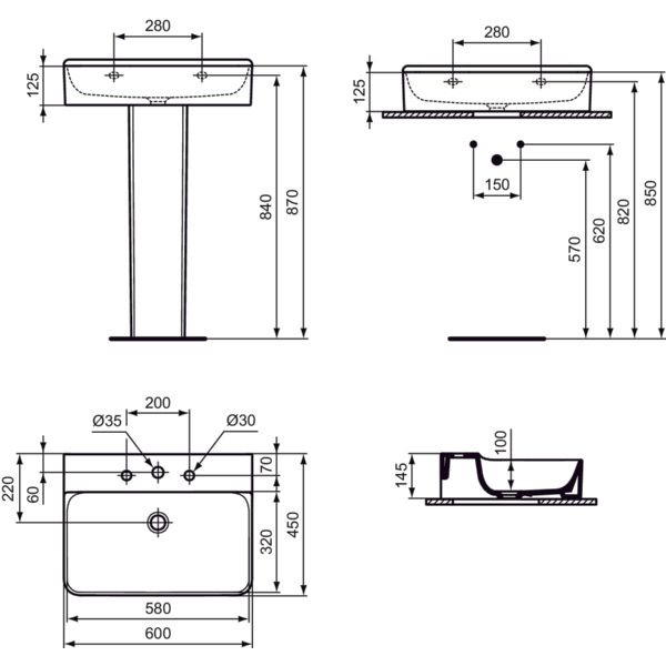 Ideal Standard - Waschtisch CONCA, 3 Hl., o.Ül., 600x450x145mm, Weiß mit IdealPlus