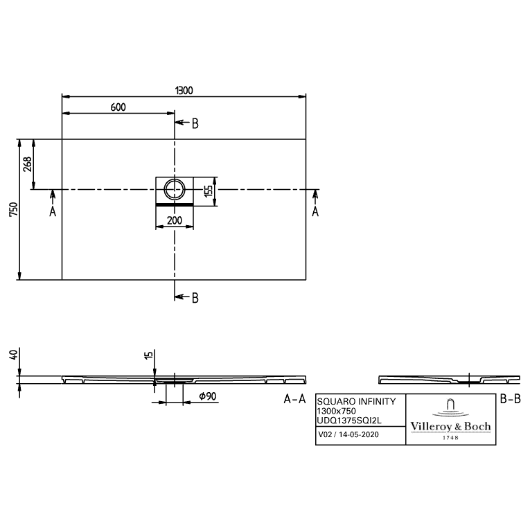VILLEROY & BOCH - Duschwanne Squaro Infinity 1300x750x40mm re-eckig EB:li Stone White