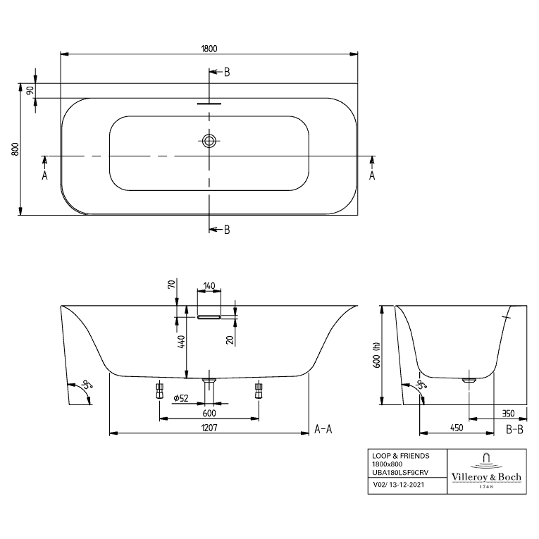 VILLEROY & BOCH - Vorwand-BW Loop&Friends LSF 1800x800 x600mm SQUARE re ausf. CoD weAlpin
