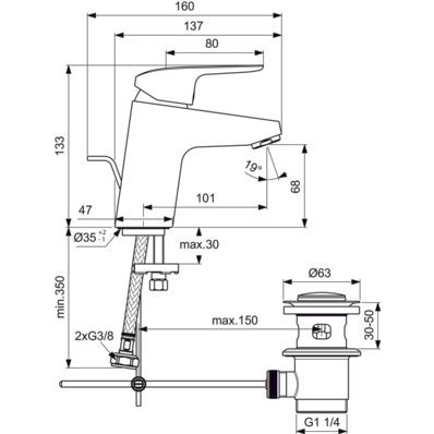 Ideal Standard - Waschtischarmatur CERAFLEX, 5 l/min. mit Ablgarn., Ausld. 101mm, Chrom