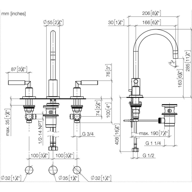 Dornbracht - Waschtisch 3-Locharmatur TARA 20713882 Hebelgriff chrom