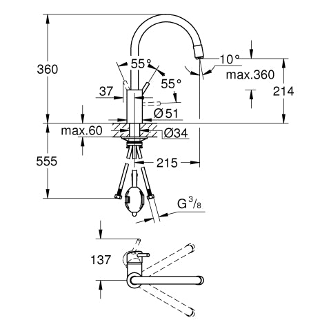 Grohe - EH-SPT-Batterie CONCETTO 32663 h. Asl. azb. L-Br. GROHE ZERO supersteel