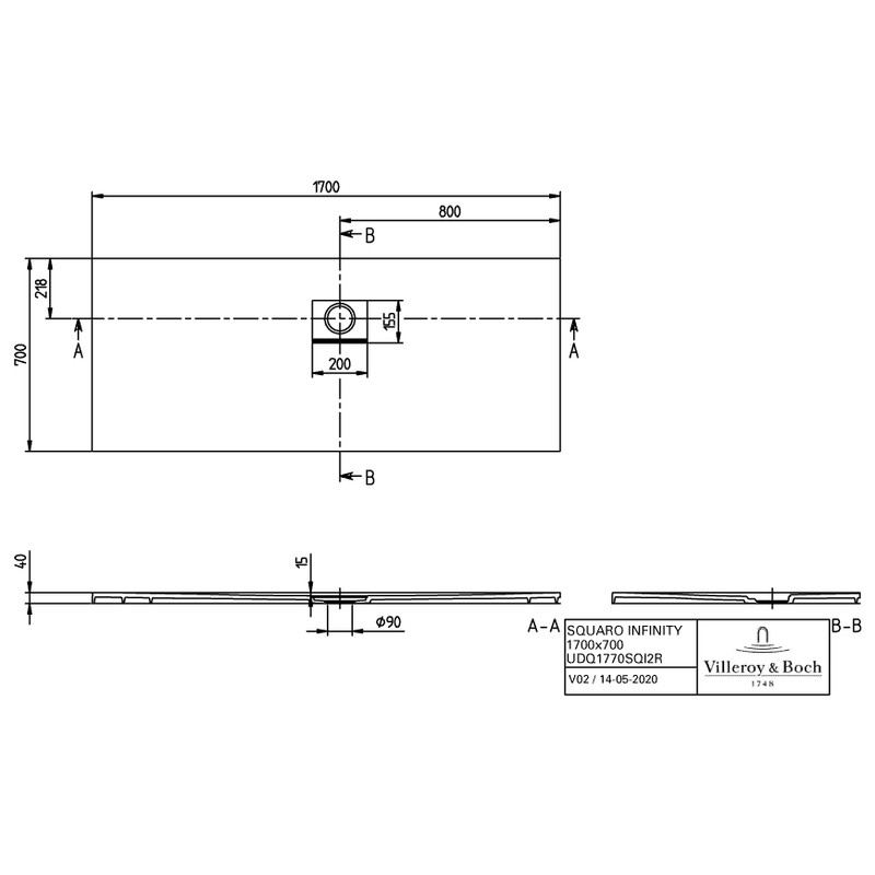 VILLEROY & BOCH - Duschwanne Squaro Infinity 1700x700x40mm re-eckig EB:re Grey
