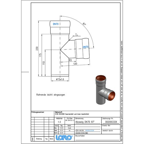 Lorowerk - Abzweig 00200. DN 70/ 70 87 Grad