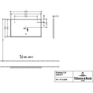 VILLEROY & BOCH - Spiegel Subway 3.0 1300x750x47,5mm m. Bel. BiColour (Black Matt White Matt)