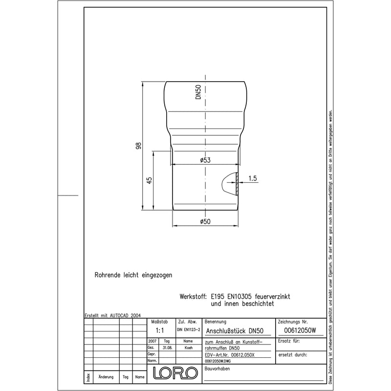 Lorowerk - Anschlussstück 00612. DN 50x 50mm von LORO-X auf HT Muffe