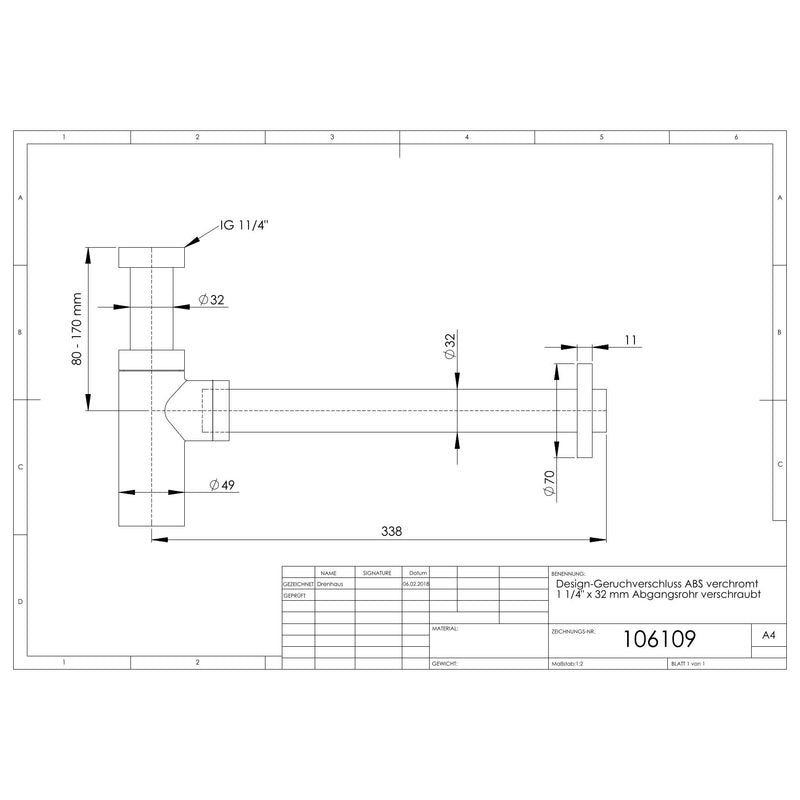 Adolf Schmidt - Tassensiphon 11/4x32mm 106109 ABS verchromt Abgangsrohr verschraubt