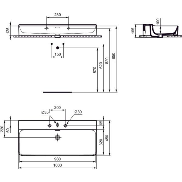 Ideal Standard - Waschtisch CONCA, 3 Hl., m.Ül., 1000x450x165mm, geschliffen, Weiß m.IP