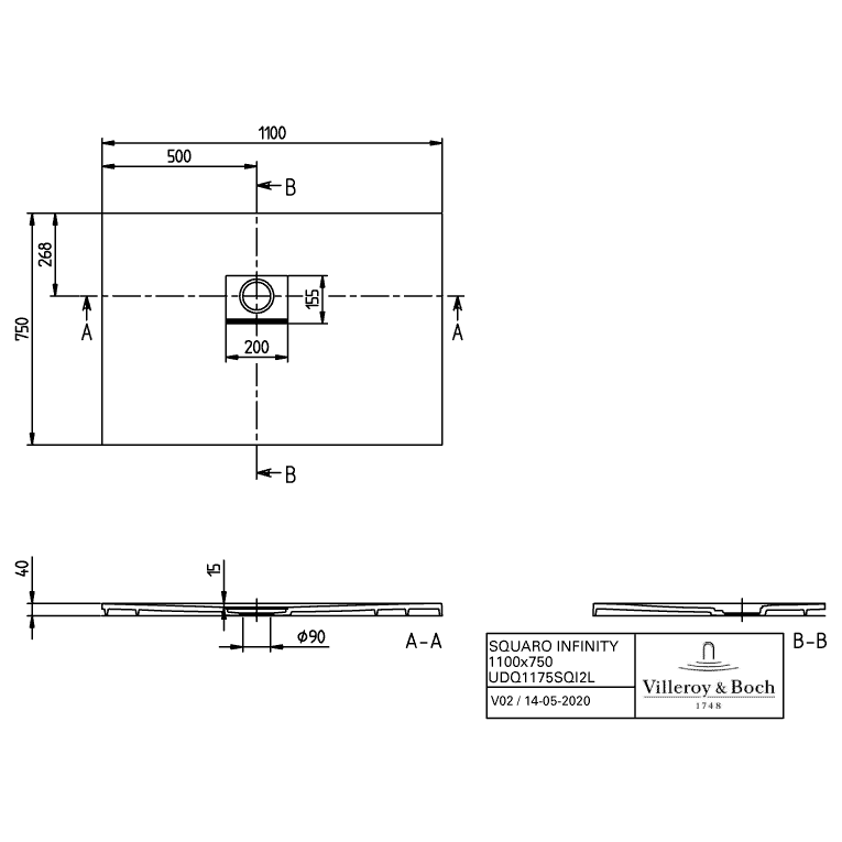 VILLEROY & BOCH - Duschwanne Squaro Infinity 1100x750x40mm re-eckig EB:li Anthracite