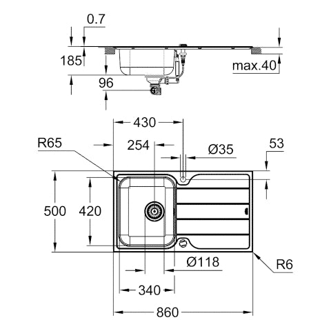 Grohe - Edelstahlspüle K500 31571_1 mit 1 Becken Abtropffläche 860x500mm