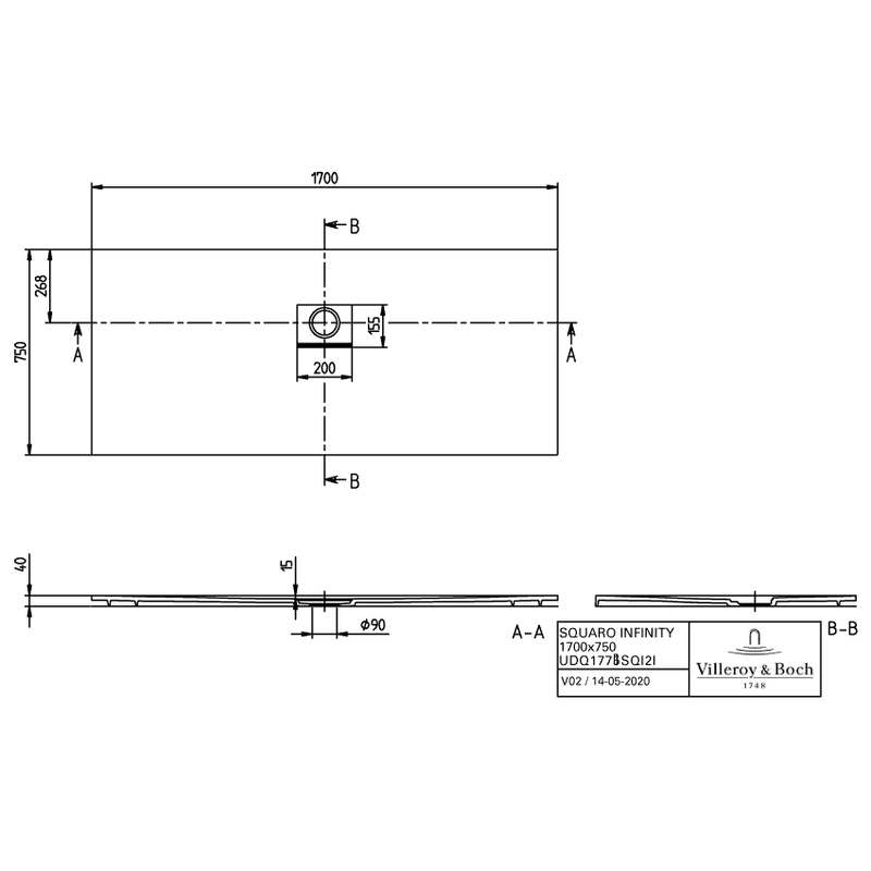 VILLEROY & BOCH - Duschwanne Squaro Infinity 1700x750x40mm re-eckig Anthracite