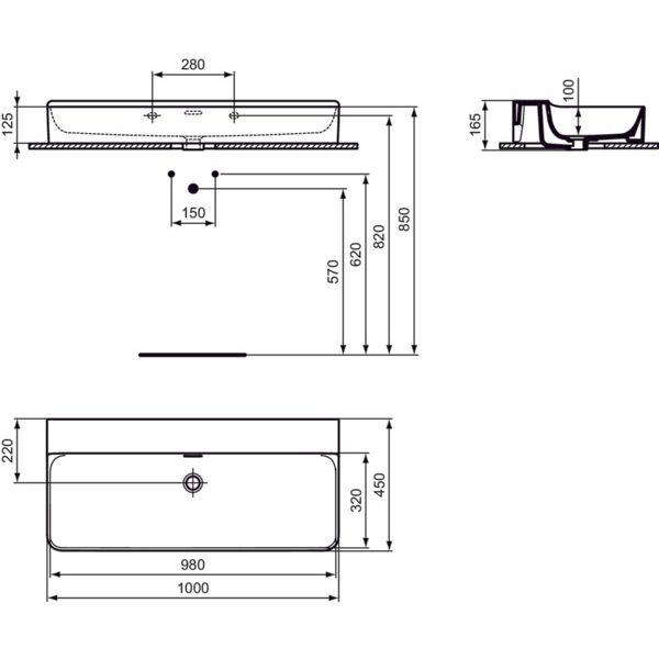 Ideal Standard - Waschtisch CONCA, o.Hl., m.Ül., 1000x450x165mm, geschliffen, Weiß