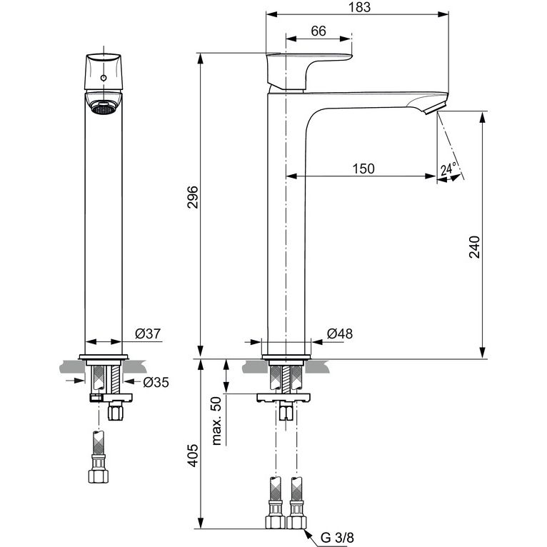 Ideal Standard - WT-Armatur CONNECT AIR,m.verl.Sockel, o.Ablgarn., Ausld.150mm, Magnetic grey