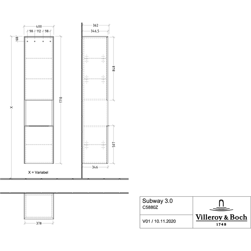 VILLEROY & BOCH - HS 400x1710x346 mm 2türig off.Fach Brilliant White