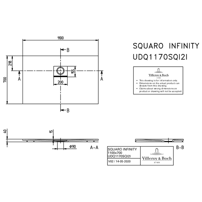 VILLEROY & BOCH - Duschwanne Squaro Infinity 1100x700x40mm re-eckig Grey