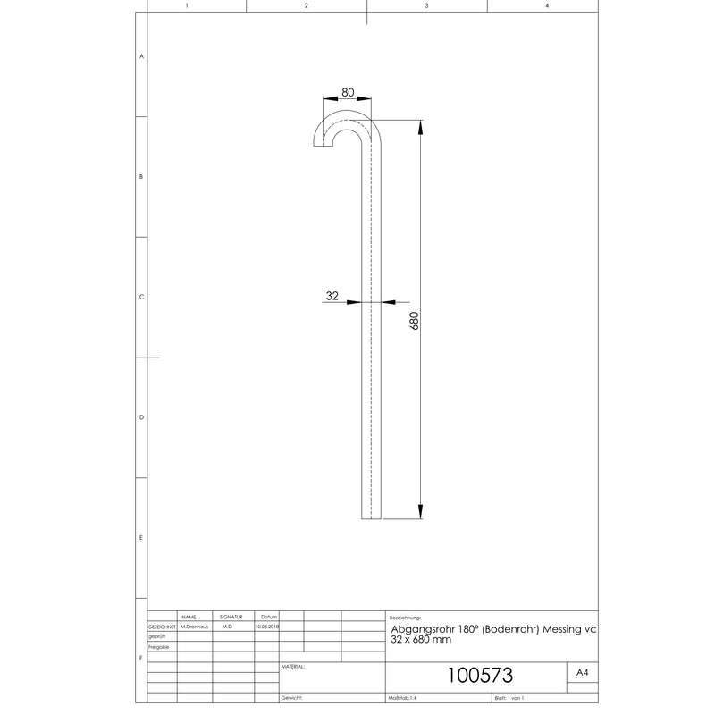 Adolf Schmidt - Abgangsrohr 180Gr. mit Bördel 32x680mm, Messing vc
