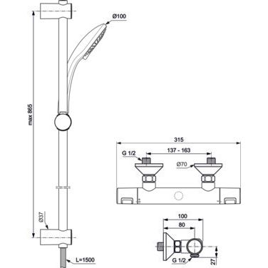 Ideal Standard - Brausetherm.AP CERATHERM25,Ausld80mm, m.Brausegarnitur, Br.Stg.90mm, Chrom