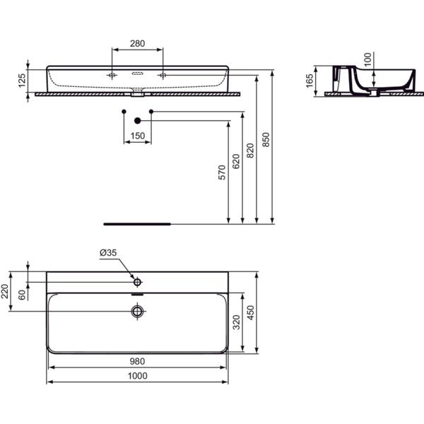 Ideal Standard - Waschtisch CONCA, 1 Hl., m.Ül., 1000x450x165mm, Weiß