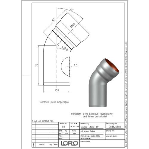 Lorowerk - Bogen 00352. DN 50 45 Grad mit engem Radius