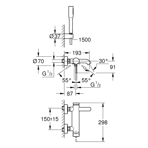 Grohe - EH-Wannenbatterie ESSENCE 25249_1 mit Brausegarnitur chrom