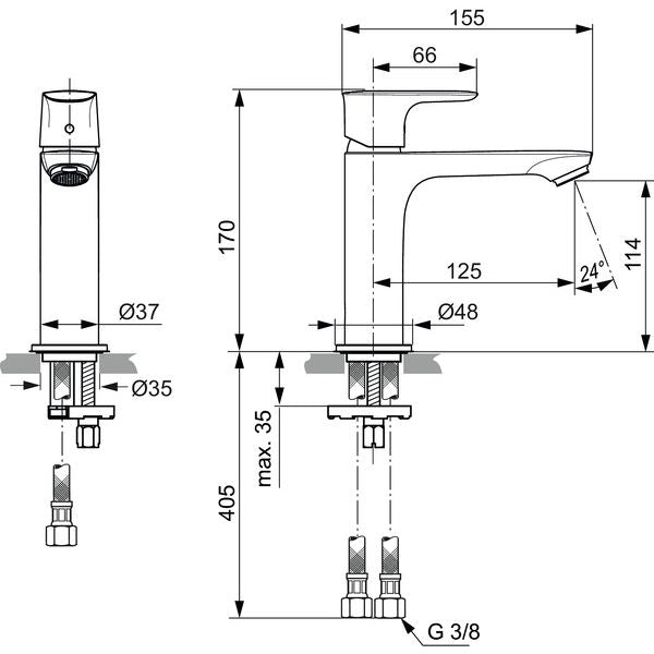 Ideal Standard - WT-Arm. CONNECT AIR, Grande Slim, o.Ablgarn., Ausld.125mm, Blizzard silver