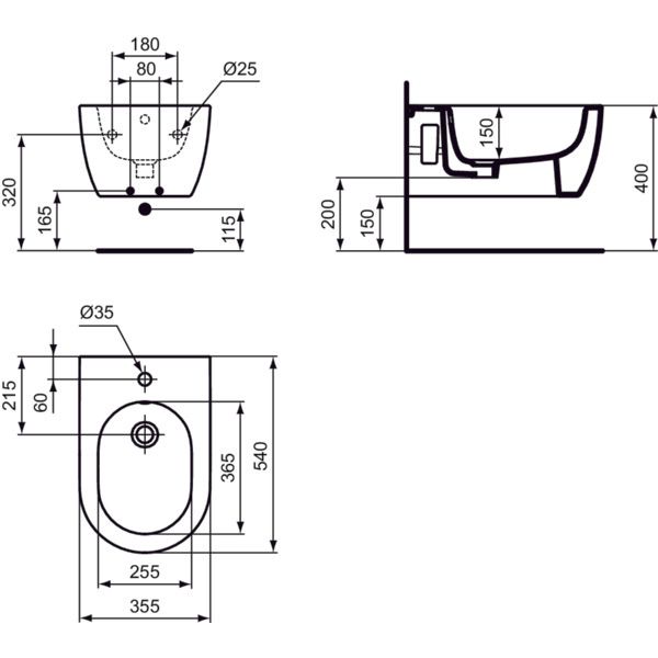 Ideal Standard - Wand-Bidet BLEND Round, 1 Hl., 355x540x250mm, Weiß