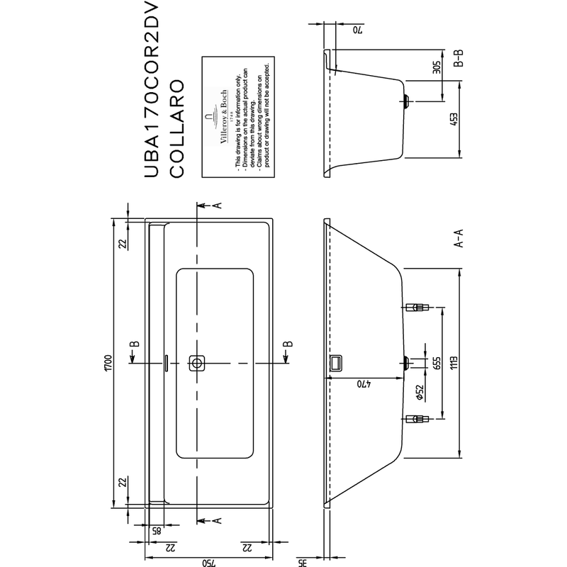 VILLEROY & BOCH - Badewanne Collaro 1700x750x620mm re-eckig m. System HE TP2 Stone White