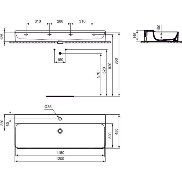 Ideal Standard - Waschtisch CONCA, 1 Hl., o.Ül., 1200x450x145mm, Weiß mit IdealPlus