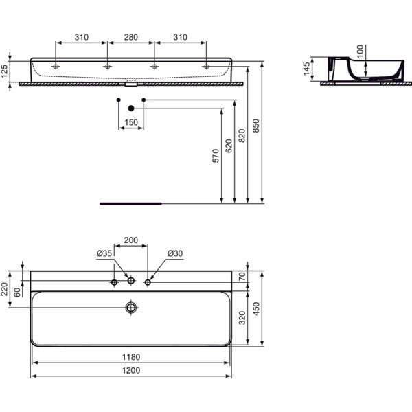 Ideal Standard - Waschtisch CONCA, 3 Hl., o.Ül., 1200x450x145mm, Weiß mit IdealPlus