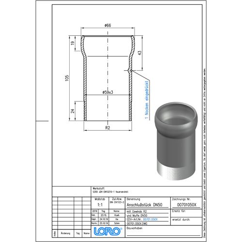 Lorowerk - Anschlussstück 00701. DN50x2AG f.Gewindemuffe Kellertanks