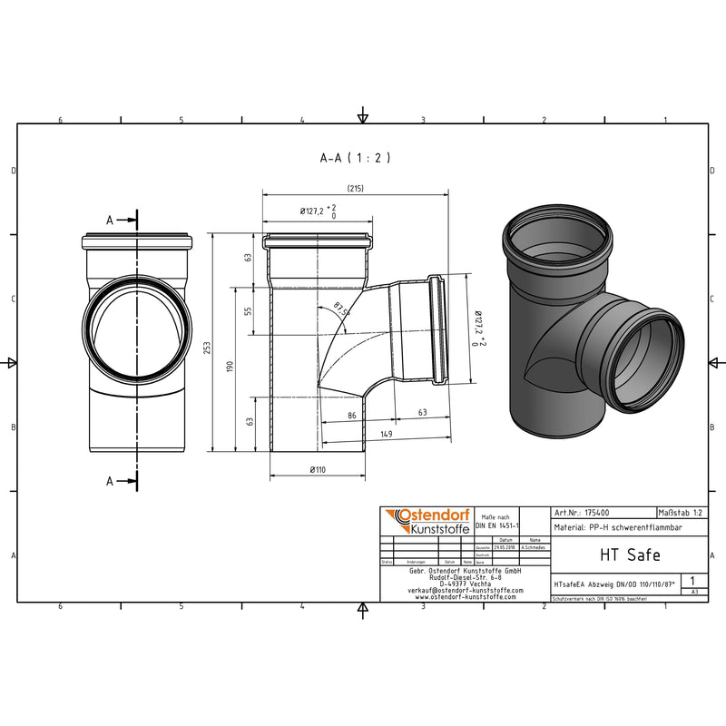 Gebr. Ostendorf - HTsafeEA Abzweig DN 110x110 87 Grad