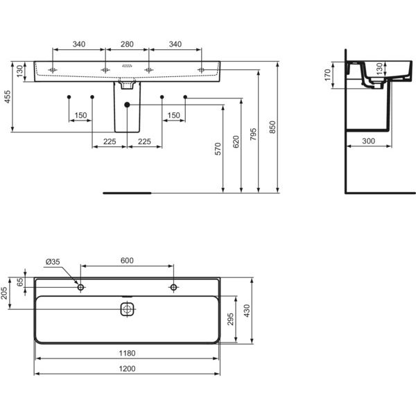 Ideal Standard - Waschtisch STRADA II, 2 Hl.re.u.li. , m. ÜL., 1200x430x170mm, Weiß