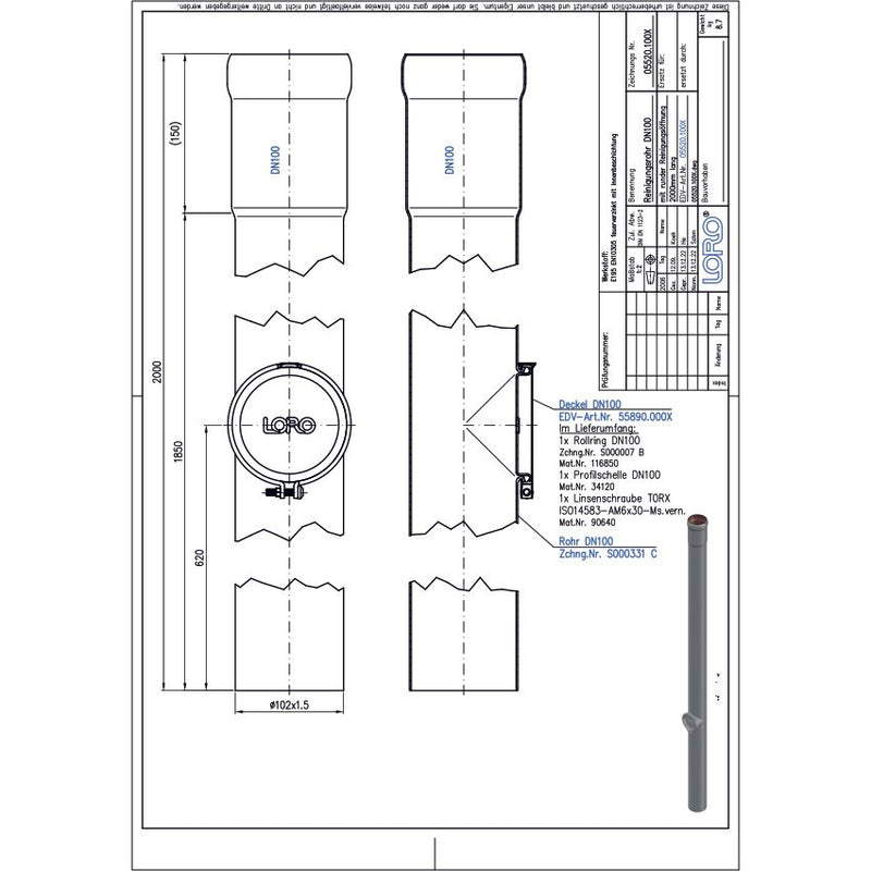 Lorowerk - Regenstandrohr 05520. DN 100 rund Reinigungsöffnung 2000mm