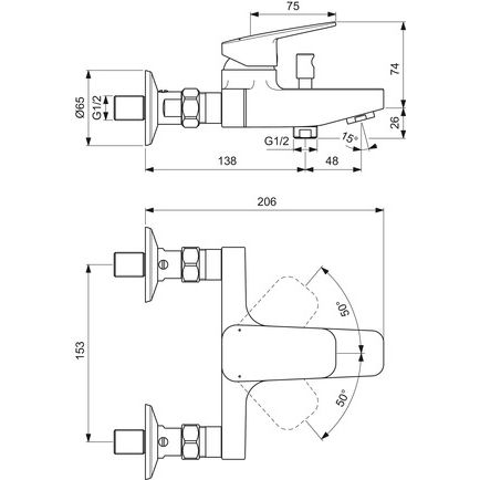 Ideal Standard - Badearmatur AP CERAPLAN Schweizer Ausf. 185,5x206x218mm Chrom
