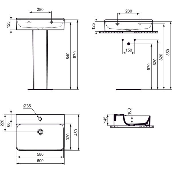 Ideal Standard - Waschtisch CONCA, 1 Hl., o.Ül., 600x450x145mm, Weiß