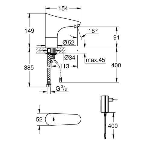 Grohe - IR-WT Elektronik EUROPLUS E 36016 ohne Mischung mit Steckertrafo chrom