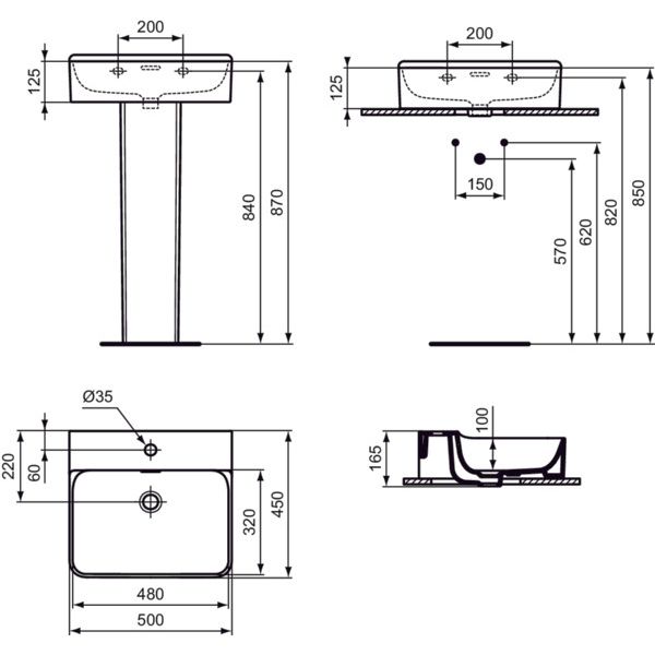 Ideal Standard - Waschtisch CONCA, 1 Hl., m.Ül., 500x450x165mm, Weiß mit IdealPlus