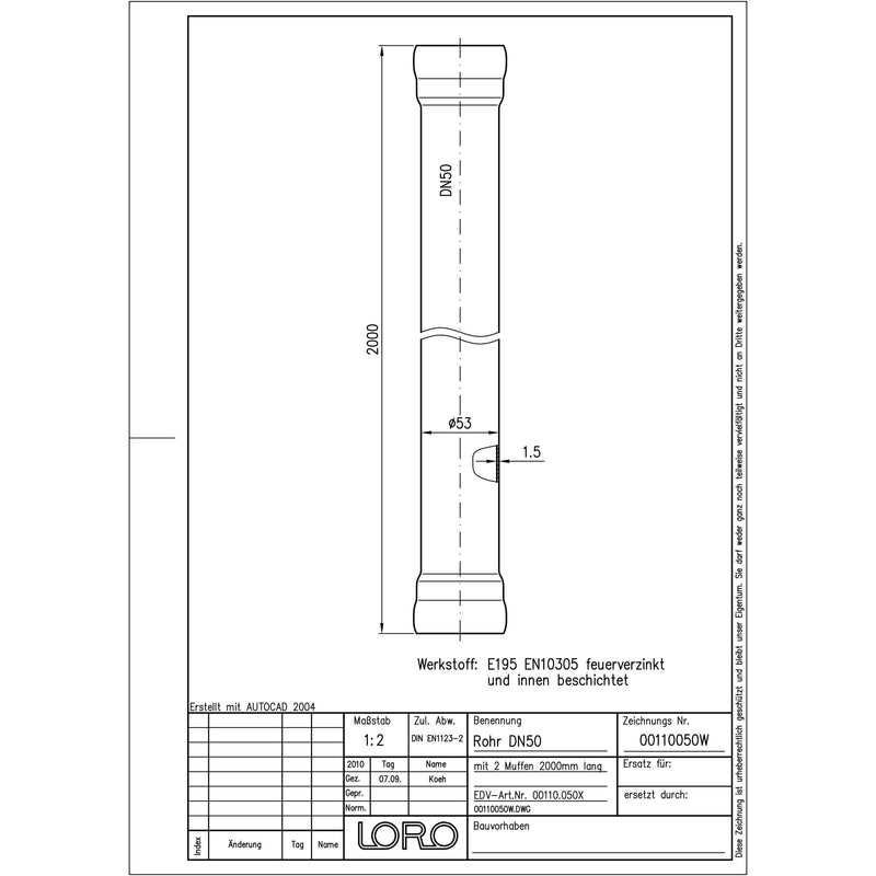 Lorowerk - Rohr 00110. DN 50x2000mm mit 2 Muffen