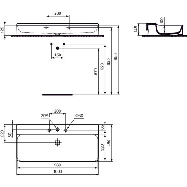 Ideal Standard - Waschtisch CONCA, 3 Hl., o.Ül., 1000x450x145mm, Weiß mit IdealPlus