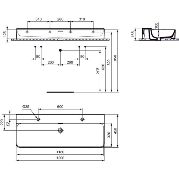 Ideal Standard - Waschtisch CONCA, 2 Hl., m.Ül., 1200x450x165mm, Weiß mit IdealPlus