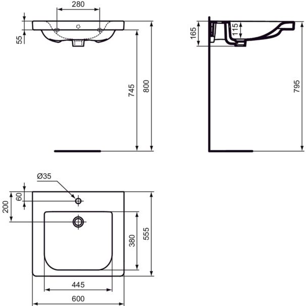 Ideal Standard - Waschtisch CONNECT FREEDOM,1Hl.,m.Ül. ,unterfahrbar, 600x555x165mm, Weiß